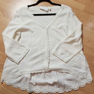 NWT Soft Surroundings White Knit Sweater Button Cardigan Crochet Lace Medium